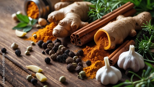 Fototapeta Naklejka Na Ścianę i Meble -  Healthy Lifestyle anti-inflammatory spice blend displayed on a rustic surface with warm tones and natural textures, symbolizing holistic wellness and the power of nature’s finest ingredients