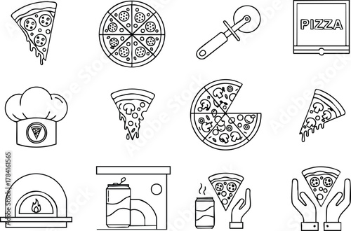 Pizza Icons Set Slice, Oven, Chef Hat, and Toppings Line Art