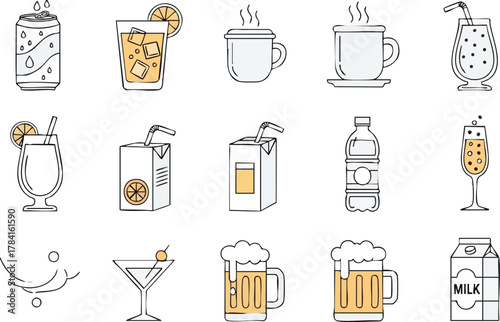 Collection of Various Drinks Vector Illustrations for Beverage Themes