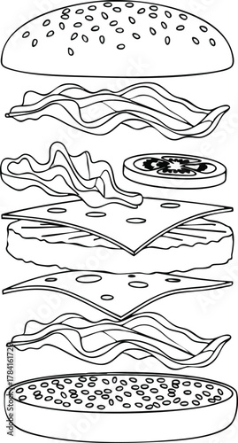 Exploded Burger Composition Outlined Ingredients