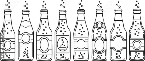 Variety of Glass Bottles with Labels and Bubbles Illustration