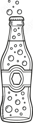 Line Art of a Fizzy Soda Bottle with Bubbles and Blank Label Template
