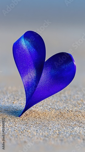 Close-up Macro Photograph of a Vibrant Blue Ribbon Shaped Like a Heart Resting on Textured Sand with Soft Natural Lighting