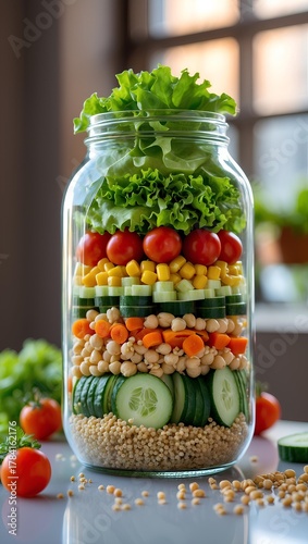 Mobile Wallpaper colorful layered salad jar arranged neatly in a clear glass bottle, showcasing freshness, balance, and a bright minimalist food aesthetic.