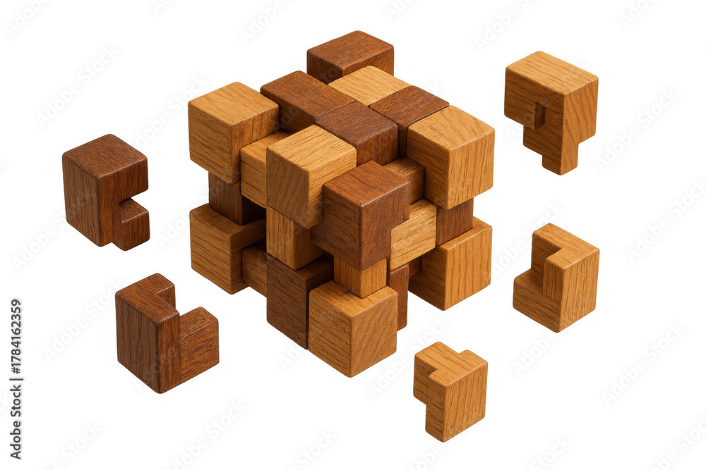 Fototapeta premium Wooden block puzzle assembling, demonstrating problem-solving, logic, and challenge, with pieces coming together on transparent background