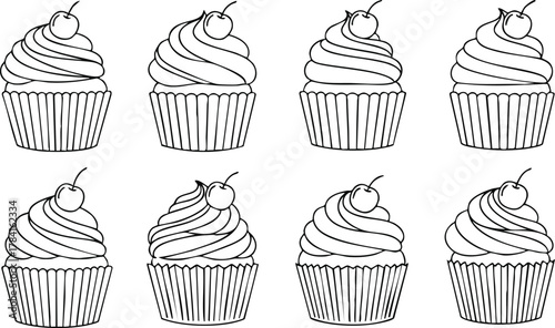 Set of Eight Cupcake Line Art Drawings for Baking and Dessert Themes