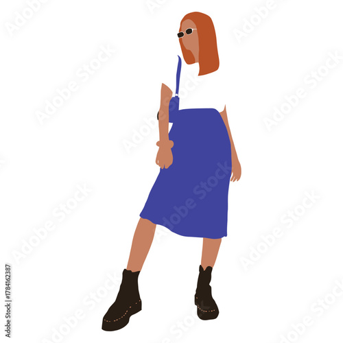 Minimalist fashion illustration of confident woman in sunglasses, white top, blue skirt with suspenders, and black high-top boots