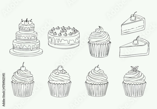Sweet Delights Hand-Drawn Cakes and Cupcakes Illustration