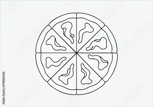 Pizza Illustration with Black Outline in Circular Slices on White Background