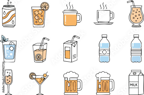 Collection of beverage icons Soft drinks, cocktails, beer, and milk