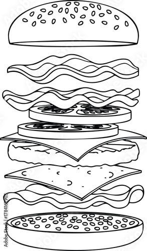 Black and White Line Drawing of a Burger with Separated Ingredients