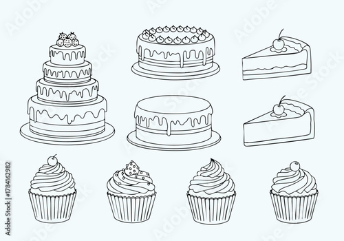 Line art illustration of tiered cake, cupcakes, and cake slices