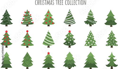 Christmas tree collection, 18 festive stylized designs, green holiday icons with ornaments and stars, seasonal vector illustration set, decorative graphic elements