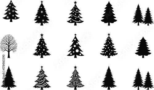 Christmas tree silhouette collection, black and white festive vector set with decorated and minimal designs, holiday graphic elements, seasonal illustration grid