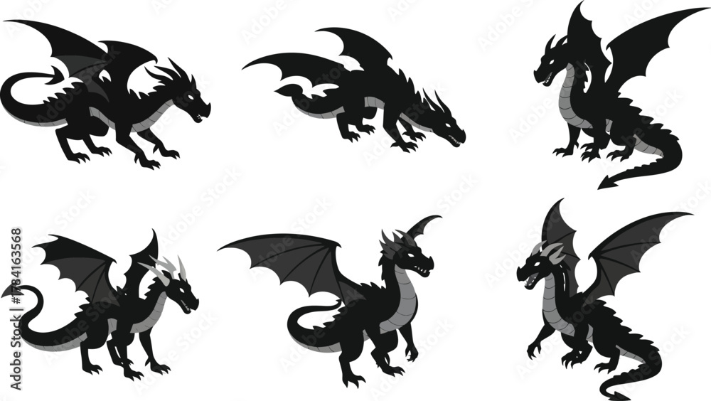 Obraz premium Black dragon illustrations set, fantasy flying reptiles with wings horns tails, fierce cartoon style, dark monochrome vector, game mascot creatures