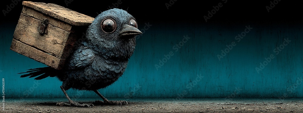 Obraz premium a cartoonish bird with a wooden crate on its head