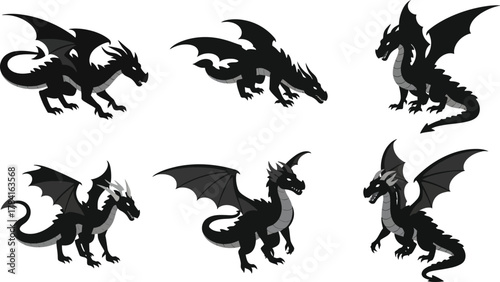 Black dragon illustrations set, fantasy flying reptiles with wings horns tails, fierce cartoon style, dark monochrome vector, game mascot creatures