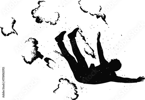 Falling man silhouette with scattered debris clouds and dust particles, dramatic descent motion, abstract black-and-white vector illustration, cinematic action concept.