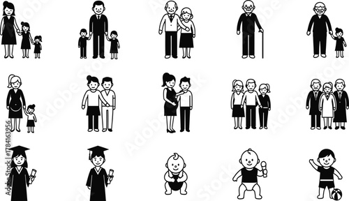 Family generation icons, parents children grandparents, pregnancy mom couple, graduates with diploma, cute baby toddler boy, simple black-and-white vector set, white background.