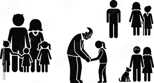 Family generation silhouettes, parents with kids, elderly and child interaction, couple with pet dog, simple black-and-white vector set, white background.