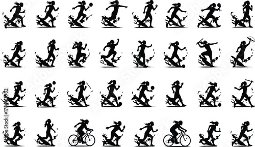 Female athlete action icons set, dynamic splash silhouettes for running, ball sports, cycling, and fitness movements, black vector collection.