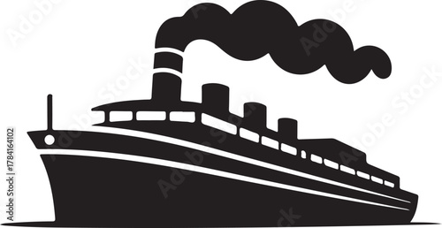Silhouette of a classic steamship with smoke isolated on white background