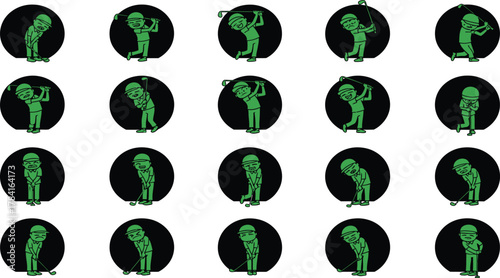 Golf player icons pattern, green cartoon golfer in various swing and putting poses inside black circles, seamless sports background, vector illustration.