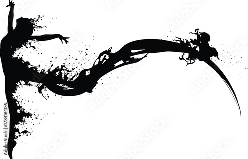Ink splash dancer silhouette with sweeping arc trail, expressive contemporary dance motion in black-and-white vector illustration.