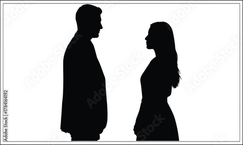 Man and woman silhouettes facing each other, side profile couple, black vector illustration, relationship communication concept, social interaction, white background