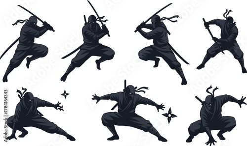 Ninja vector set, dynamic combat poses with katana and shuriken, stealth warriors crouching attacking, martial arts fighters, dark monochrome illustration.