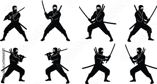 Ninja warrior silhouettes, katana poses set, samurai combat stances, martial arts fighters, masked characters, black-and-white vector illustration, white background.