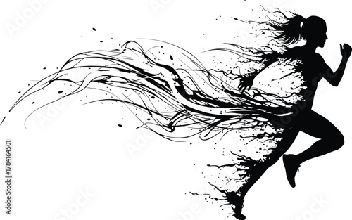 Running girl silhouette with dynamic ink splash and flowing ribbons, speed energy motion, athletic woman sprinting, abstract black-and-white vector art.
