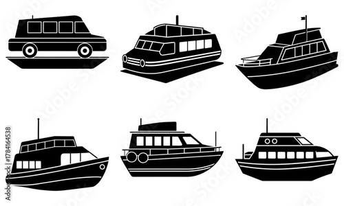 Ferry boat collection, ideal for travel brochures and seaside resort promotions, showcasing a variety of passenger ferries for coastal adventures