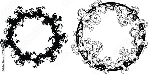 Smoke ring frames, swirling vapor circular borders in black-and-white, grunge ink cloud wreaths, decorative round badges, abstract vector elements.