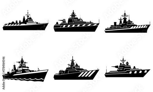 Naval fleet silhouettes, powerful warships ready for deployment, dynamic ocean defense, vintage military ships, strategic maritime force, vector