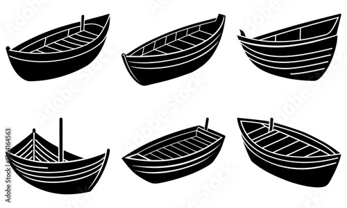 Nautical Charm Collection: Six Distinct Black and White Rowing Boat Designs, Perfect for Maritime Themes and Coastal Decor, Originally Scalable Graphics