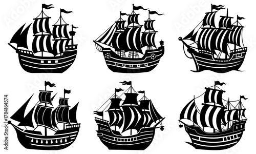 Set sail with these vintage ships! A collection of old galleons and sailing vessels, perfect for historical illustrations, maritime designs, and nautical themes