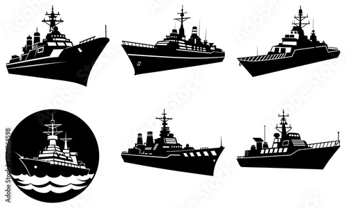 Powerful naval fleet silhouettes ready for action, featuring modern warships in a dynamic vector design perfect for military themes and strategic planning visuals