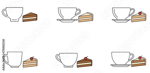 set of cup of coffee and cake	