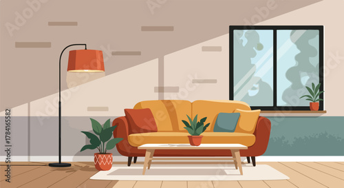 Flat Vector Cozy Home Interior Minimal Living Room Design