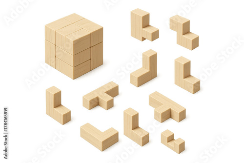 Wood puzzle blocks forming a cube, showing problem-solving, logic, and challenge in educational games