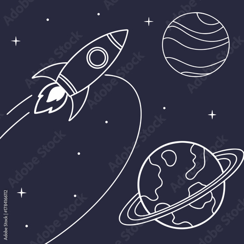 Rocket ship soars through the cosmos, exploring planets and distant stars