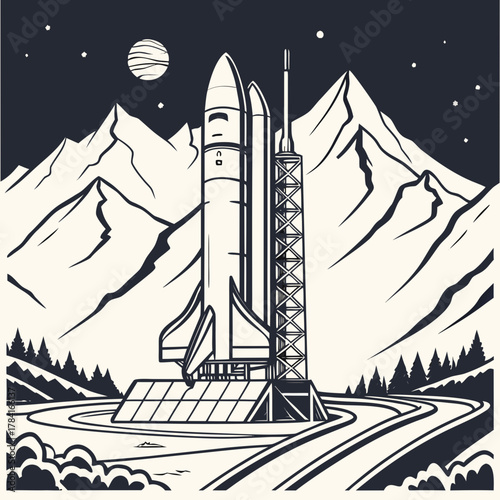 Space shuttle on launchpad near mountains