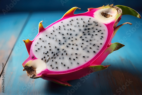 Elegant close-up photo of sliced dragon fruit revealing vibrant pink peel and speckled white flesh for educational content on healthy eating and tropical biodiversity

