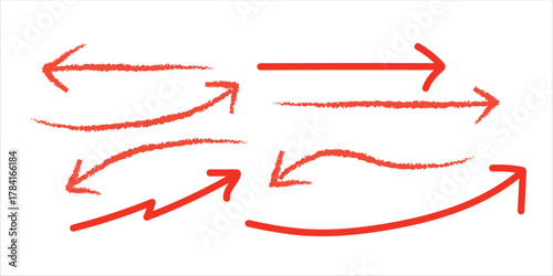 A collection of red hand drawn arrows pointing in different directions on a white background plane