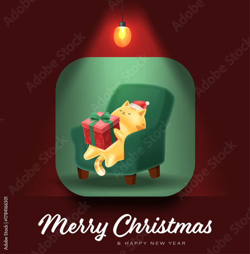 Cute yellow cat wearing Santa hat sitting on green chair holding Christmas gift under warm glowing festive light illustration. Christmas Poster Design vector Illustration 