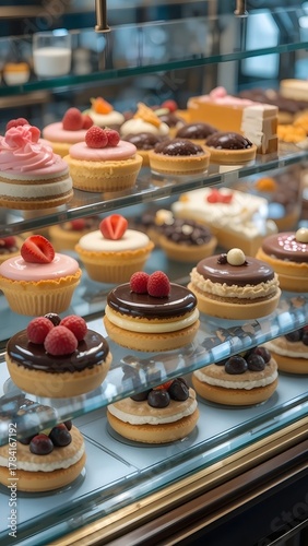 Display of mini cakes and tarts in bakery case, sweet food, confectionery, dessert, colorful, gourmet