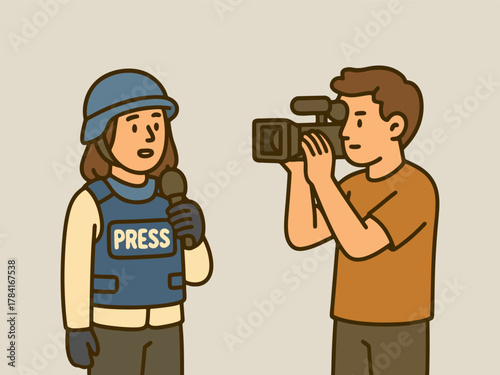 Journalist Live Reporting on Camera Wearing Press Vest and Blue Helmet Illustration