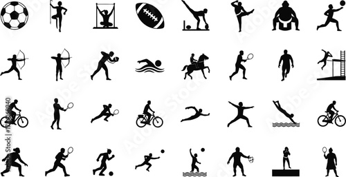 Sports icon set, athlete silhouettes playing soccer tennis cycling swimming gymnastics archery wrestling diving running rugby equestrian, black vector collection.