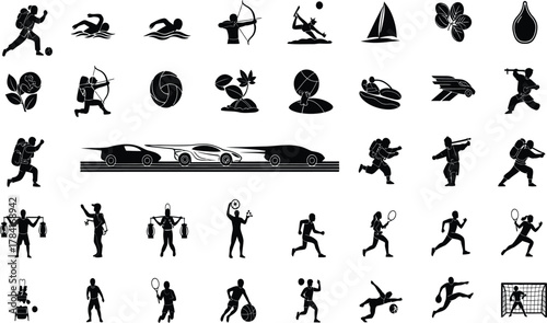 Sports and outdoor activity icons set, athlete silhouettes, hiking backpackers, runners, swimmers, archers, ball games, sailing, speed cars, black vector collection.